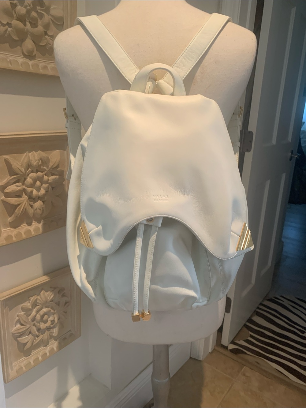 White Leather Backpack with Gold Accents - Women Bags